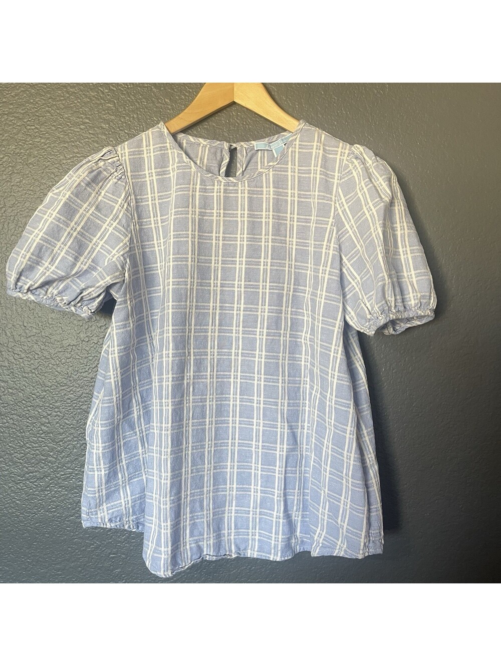 Draper James Sz L Light Blue White Plaid Cotton Linen Puff Sleeve Top Textured